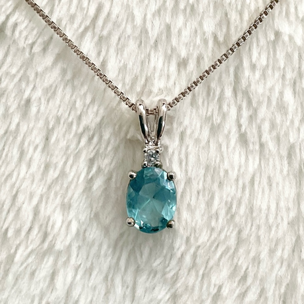 925 Sterling Silver Blue Topaz Style Pendant Necklace Italy